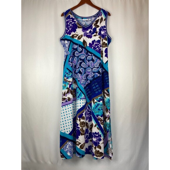 Susan Graver Size XLP Printed Liquid Knit Maxi Dress Blue Purple Paisley Floral - Picture 1 of 10